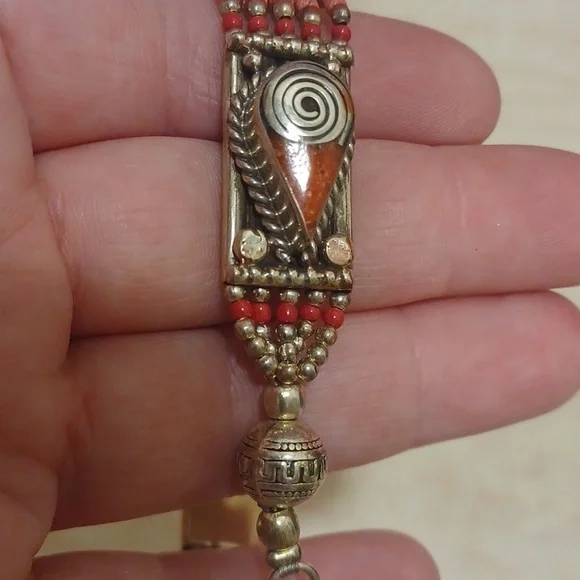 Southwest Inspired Coral Beaded Silver Bracelet - Picture 4 of 5